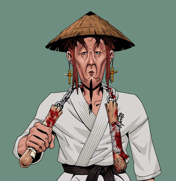 Edmundo — Degen Dojo NFT art (Golden Jesuit Crosses, Olive Green, Degens, Student Gi, Edmundo, Shirtless Runt, Rice Hat, Bloody Nunchucks, Mint)