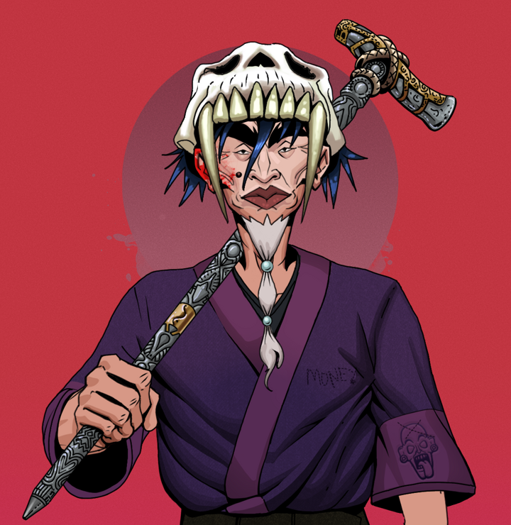 Yuji The Wise — Degen Dojo NFT art (Shirtless Runt, Red High Moon, Degens, Money Kimono, Yuji The Wise, Sabertooth Skull, Artisan Walking Cane, Mint)