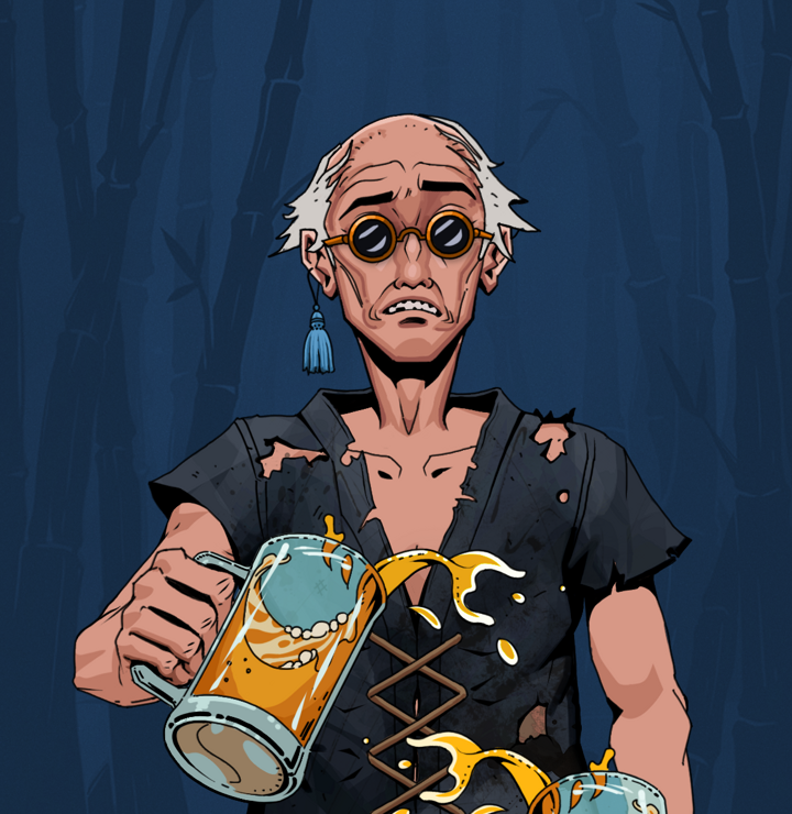 Shitless Botan — Degen Dojo NFT art (Tassel, Night Forest, Degens, Black Peasant Sack, Shitless Botan, Dark Spectacles, Kung Fu Master, Beer Splash, Mint)