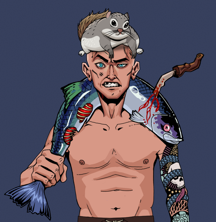 Akuma — Degen Dojo NFT art (Shirtless Runt, Blue Evening, Degens, Skull Sleeve, Akuma, Mr. Momonga Hat, Dead Fish, Mint)