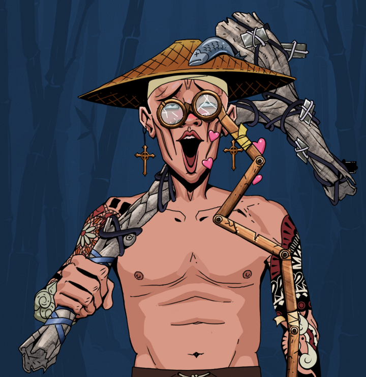 Lovey Haruto — Degen Dojo NFT art (Jesuit Crosses, Night Forest, Degens, Yakuza Tattoo Sleeves, Lovey Haruto, Telescopic Glasses, Wide Kasa Fisherman, Large Branch, Mint)