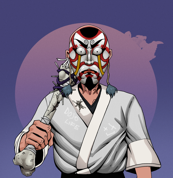 Angry Ikari — Degen Dojo NFT art (Chicken Bones, Purple Night, Degens, No Honor Kimono, Angry Ikari, Kitsune Mask, Bald, Spiky Femur, Mint)