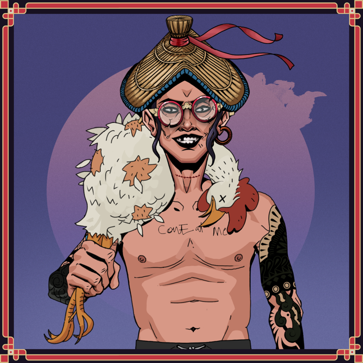 Junichiro Reborn — Degen Dojo NFT art (Wooden Loop, Purple Night, Junichiro Reborn, Black Yakuza Sleeves, Degen, Broken Glasses, High Straw Rice Hat, Hidden Chicken Move, Chicken, Framed)