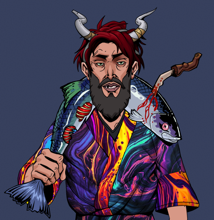 Serious Oleg — Degen Dojo NFT art (Shirtless Runt, Blue Evening, Degens, Rainbow Kimono, Serious Oleg, Grey Oni Horns, Dead Fish, Mint)