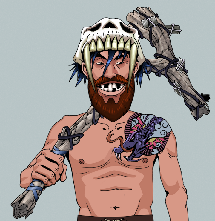 Igor The Bear — Degen Dojo NFT art (Shirtless Runt, Light Grey, Degens, Dragon Head Tattoo, Igor The Bear, Sabertooth Skull, Large Branch, Mint)