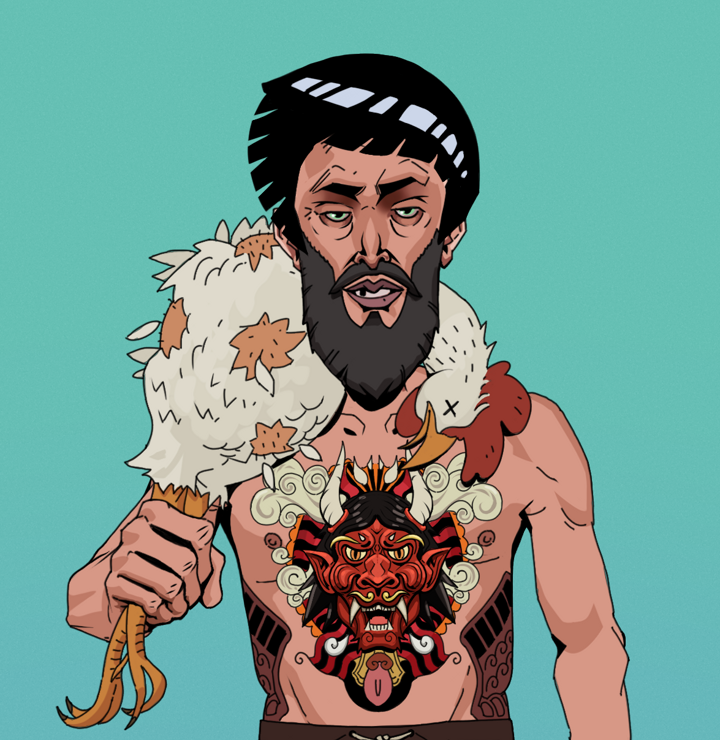 Serious Oleg — Degen Dojo NFT art (Shirtless Runt, Teal Daytime, Degens, Red Oni Tattoo, Serious Oleg, Rock Lee, Chicken, Mint)