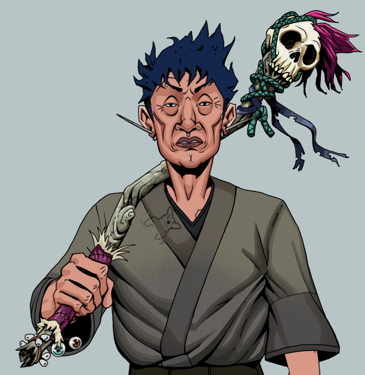 Goro — Degen Dojo NFT art (Nails, Light Grey, Degens, Puppy Kimono, Goro, Shirtless Runt, Short Spiky Dark, Shaman Skull Staff, Mint)