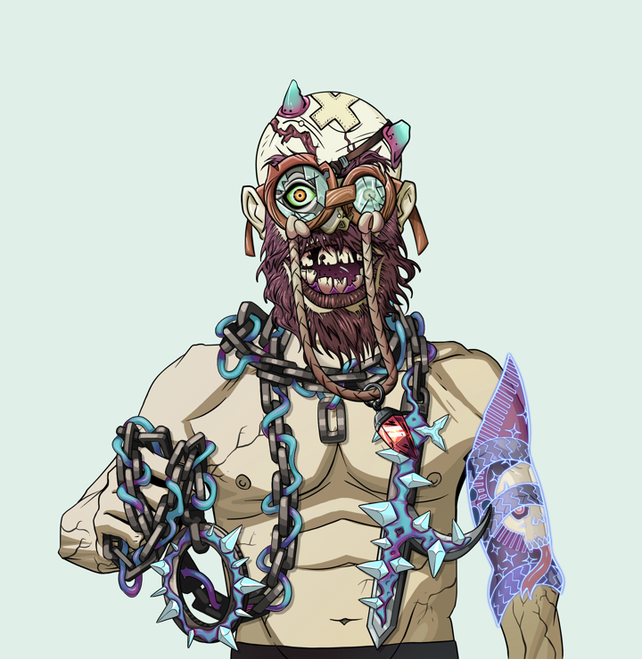 Igor The Veteran — Degen Dojo NFT art (Shirtless Runt, Teal Daytime, Demons, Skull Sleeve, Igor The Veteran, Pompous Glasses, Bald, Heavy Kyoketsu, Mint)