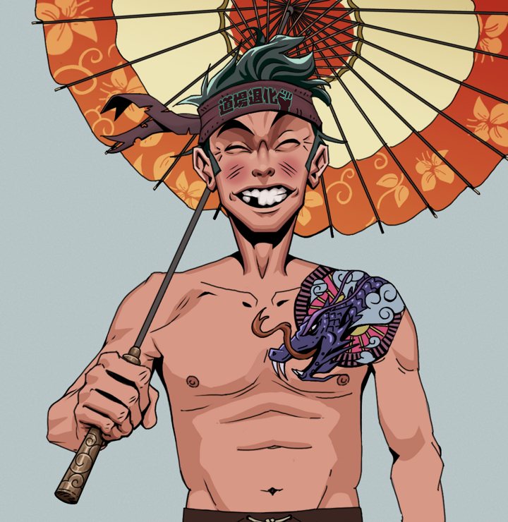 Cheery Haru — Degen Dojo NFT art (Shirtless Runt, Light Grey, Degens, Dragon Head Tattoo, Cheery Haru, Degen Dojo Headband, Floral Parasol, Mint)