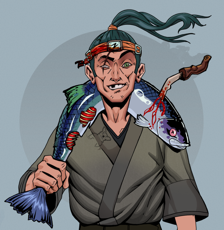 One-Eyed Itsuki — Degen Dojo NFT art (Shirtless Runt, Grey Mist, Degens, Puppy Kimono, One-Eyed Itsuki, Green Bandana, Dead Fish, Mint)