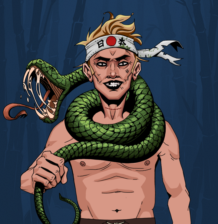 Junichiro Reborn — Degen Dojo NFT art (Shirtless Runt, Night Forest, Degens, Junichiro Reborn, Karate Headband, Enchanted Snake, Mint)
