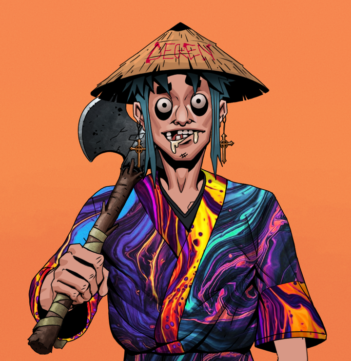 Drooling Azuma — Degen Dojo NFT art (Jesuit Crosses, Orange Afternoon, Degens, Rainbow Kimono, Drooling Azuma, Shirtless Runt, Degen Graffiti Rice Hat, Axe, Mint)