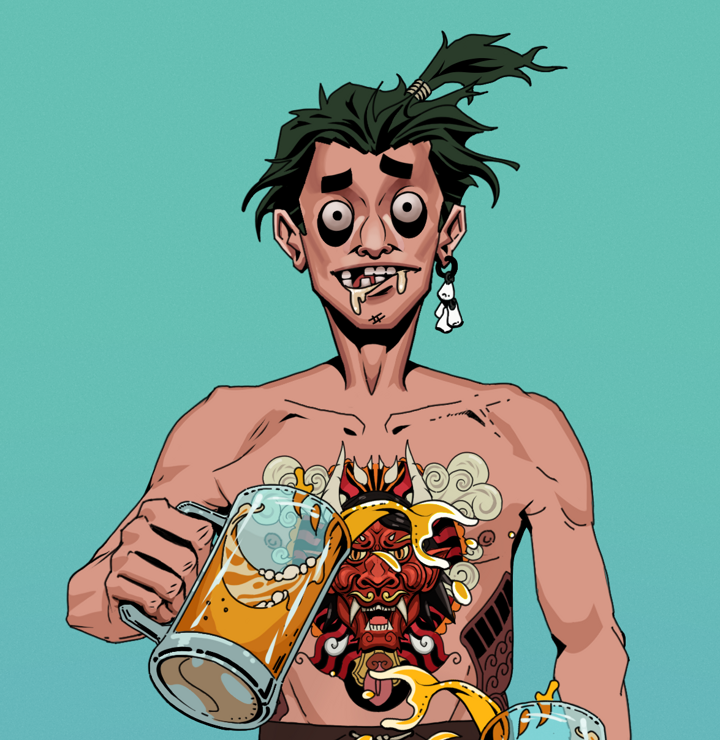 Drooling Azuma — Degen Dojo NFT art (Foes Teeth, Teal Daytime, Degens, Red Oni Tattoo, Drooling Azuma, Shirtless Runt, Messy Ponytail, Beer Splash, Mint)
