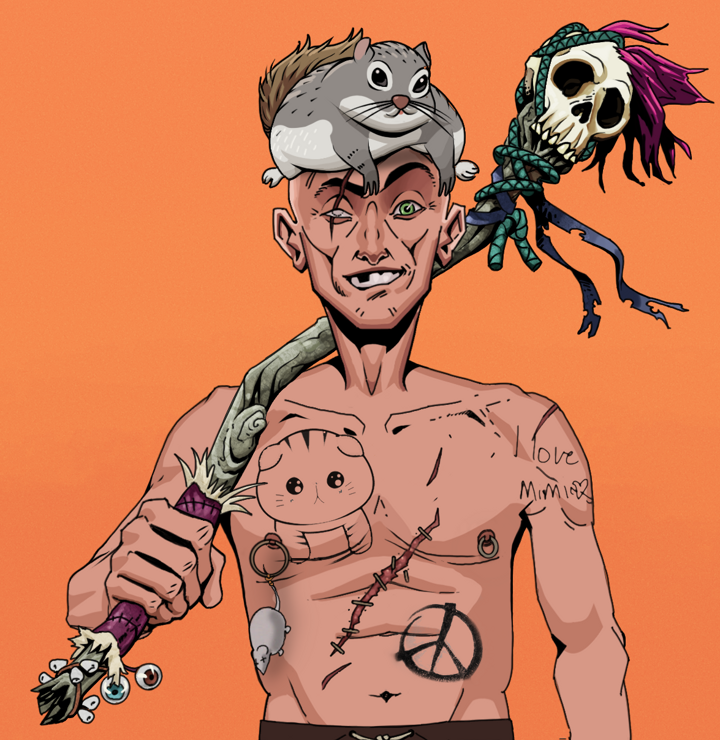 One-Eyed Itsuki — Degen Dojo NFT art (Shirtless Runt, Orange Afternoon, Degens, Recovering Alcoholic, One-Eyed Itsuki, Mr. Momonga Hat, Shaman Skull Staff, Mint)