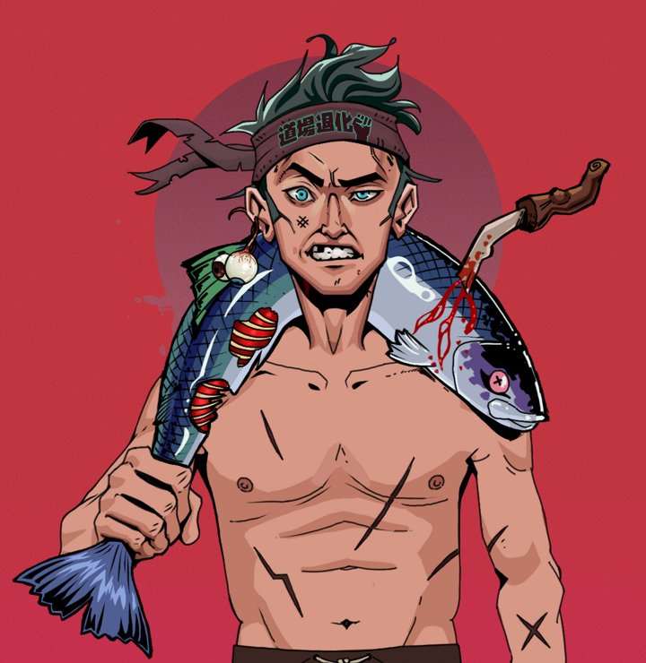 Akuma — Degen Dojo NFT art (Shaman Eyes, Red High Moon, Degens, Battle Scars, Akuma, Shirtless Runt, Degen Dojo Headband, Dead Fish, Mint)