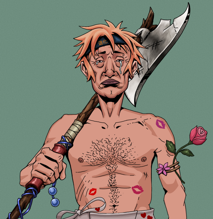 Teary Goro — Degen Dojo NFT art (Shirtless Runt, Olive Green, Degens, Womanizer, Teary Goro, Tiger Headband Ruffian, Broken Nagatina, Mint)