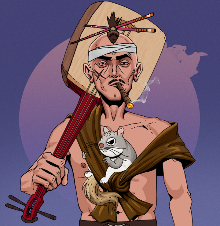 Raikou The Stoner — Degen Dojo NFT art (Shirtless Runt, Purple Night, Degens, Little Momonga Friend, Raikou The Stoner, Hair Bun With Chopsticks, Shamisen, Mint)