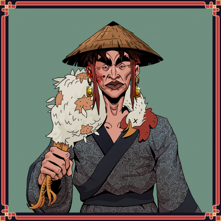 Young Yuji — Degen Dojo NFT art (Gold Earrings, Olive Green, Young Yuji, Sushi Love Loose Kimono, Degen, Shirtless Runt, Rice Hat, Glaring Whirlwind Fondle, Chicken, Framed)