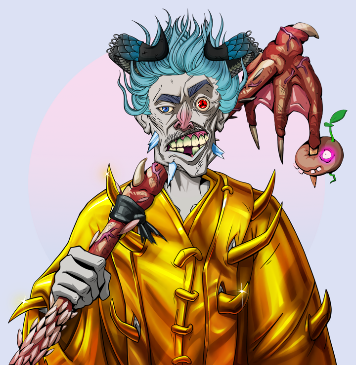 Akuma — Degen Dojo NFT art (Shirtless Runt, Purple Night, Demons, Golden Monk Robes, Akuma, Black Oni Horns, Farmers Hoe, Mint)