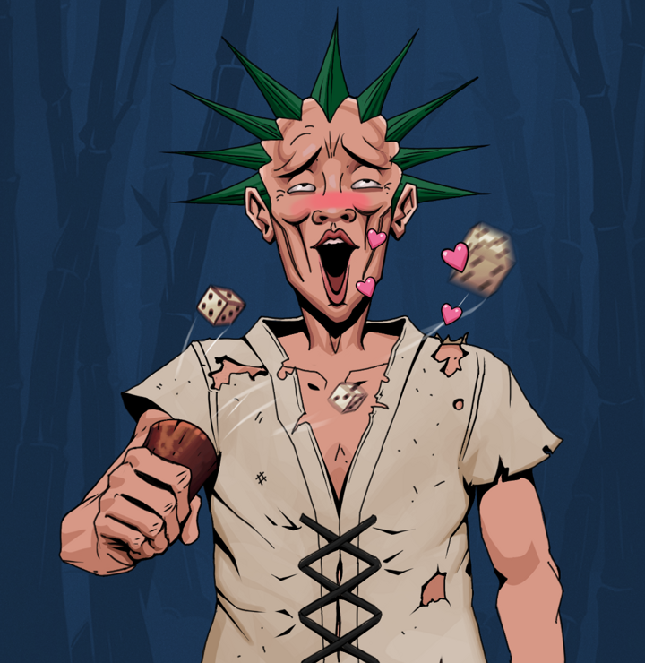 Lovey Haruto — Degen Dojo NFT art (Shirtless Runt, Night Forest, Degens, Rice Sack Rags, Lovey Haruto, Zapachi, Chō-Han Gambling Dice, Mint)