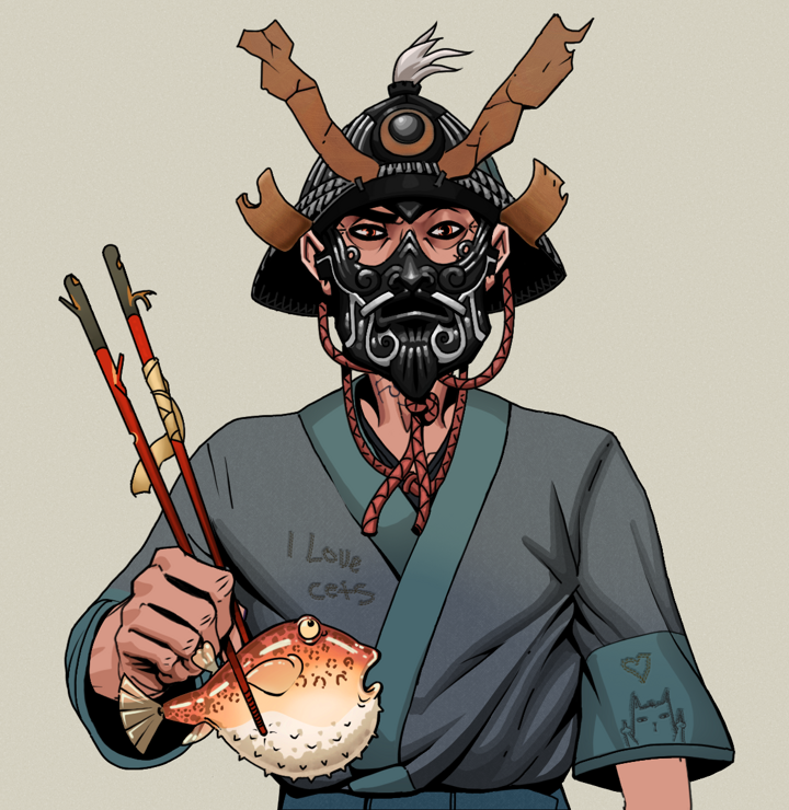 Junichiro — Degen Dojo NFT art (Shirtless Runt, Warm Grey, Degens, Cet Kimono, Junichiro, Black Iron Kabuto, Frightened Fugu, Mint)