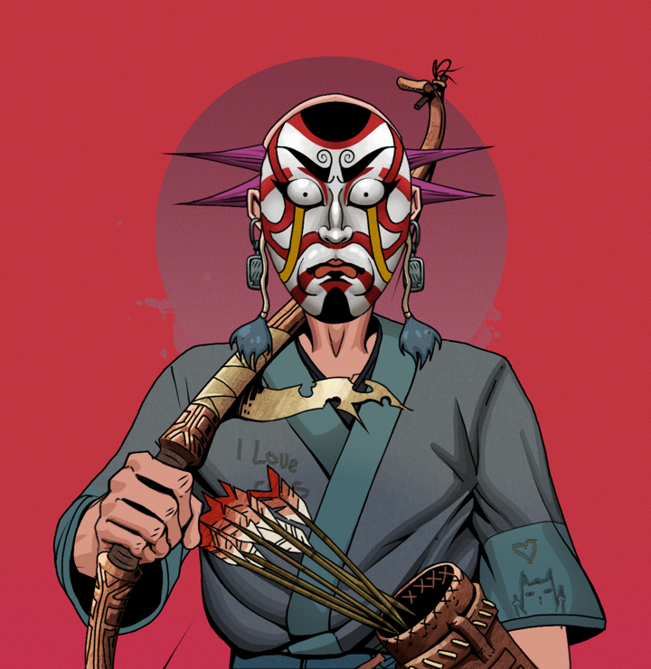 Cheery Haru — Degen Dojo NFT art (Iron Earrings, Red High Moon, Degens, Cet Kimono, Cheery Haru, Kitsune Mask, Dejen Mohawk, Runed Yumi, Mint)