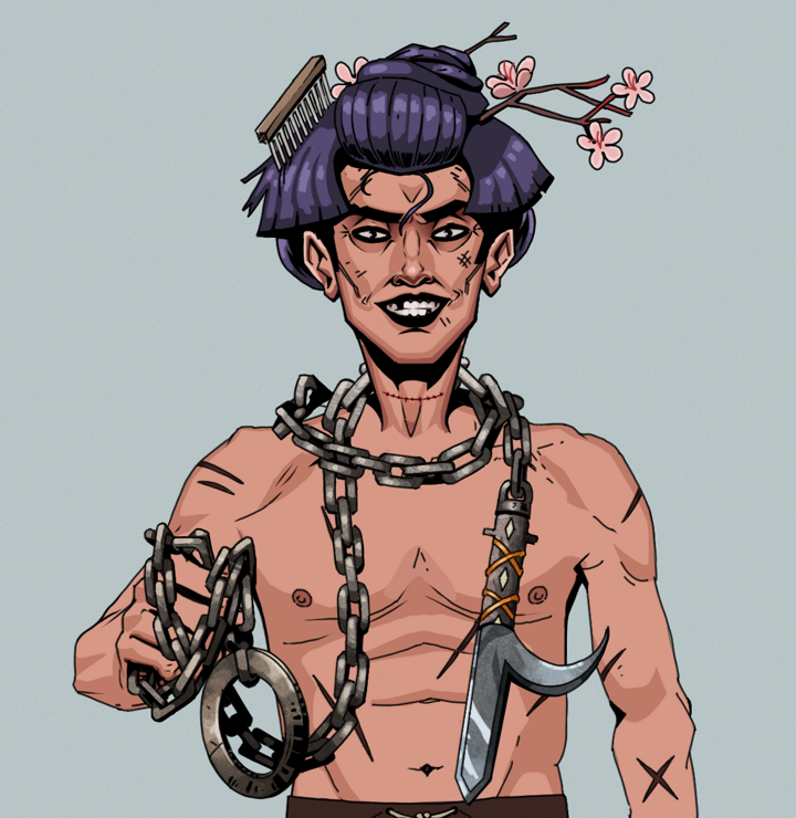 Junichiro Reborn — Degen Dojo NFT art (Shirtless Runt, Light Grey, Degens, Battle Scars, Junichiro Reborn, Disheveled Geisha, Heavy Kyoketsu, Mint)