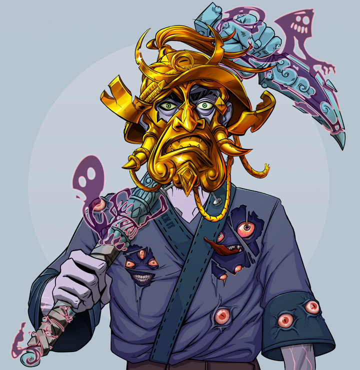 Junichiro Reborn — Degen Dojo NFT art (Shirtless Runt, Grey Mist, Demons, Fuck You Kimono, Junichiro Reborn, Golden Kabuto, Stone Fist-Sickle, Mint)