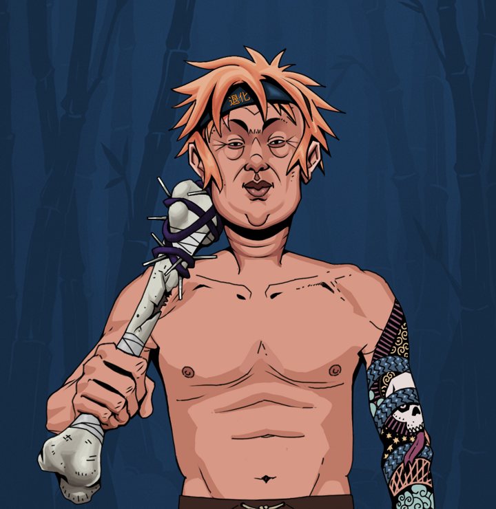 Fat Bob — Degen Dojo NFT art (Shirtless Runt, Night Forest, Degens, Skull Sleeve, Fat Bob, Tiger Headband Ruffian, Spiky Femur, Mint)