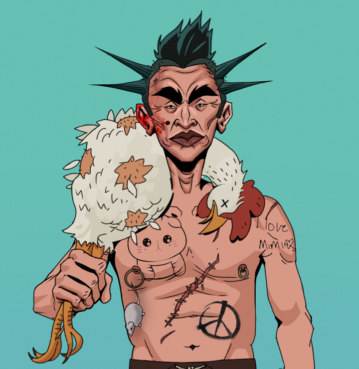 Young Yuji — Degen Dojo NFT art (Shirtless Runt, Teal Daytime, Degens, Recovering Alcoholic, Young Yuji, Yakuza Ruffian, Chicken, Mint)