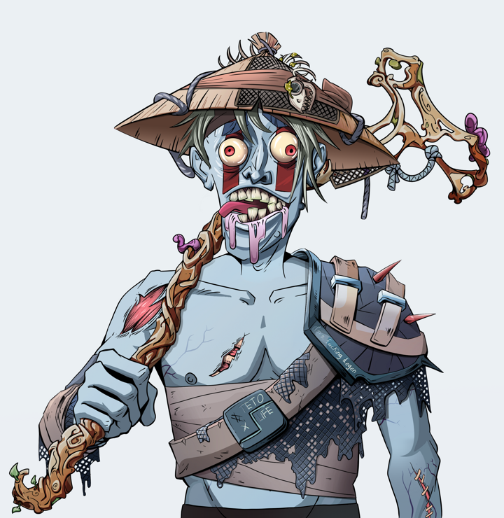 Drooling Azuma — Degen Dojo NFT art (Shirtless Runt, Light Grey, Demons, Dried Straw, Drooling Azuma, Wide Kasa Fisherman, Wooden Walking Cane, Mint)