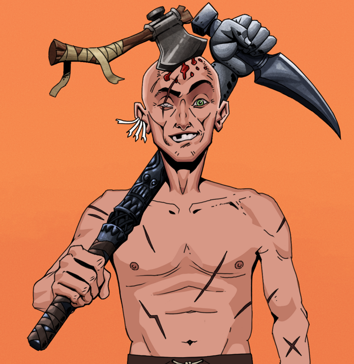 One-Eyed Itsuki — Degen Dojo NFT art (Chicken Bones, Orange Afternoon, Degens, Battle Scars, One-Eyed Itsuki, Shirtless Runt, Splitting Axe Ache, Stone Fist-Sickle, Mint)