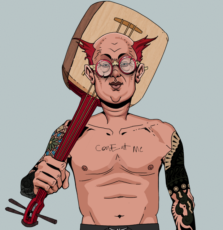 Fat Bob — Degen Dojo NFT art (Shirtless Runt, Light Grey, Degens, Black Yakuza Sleeves, Fat Bob, Broken Glasses, Red Heihachi, Shamisen, Mint)