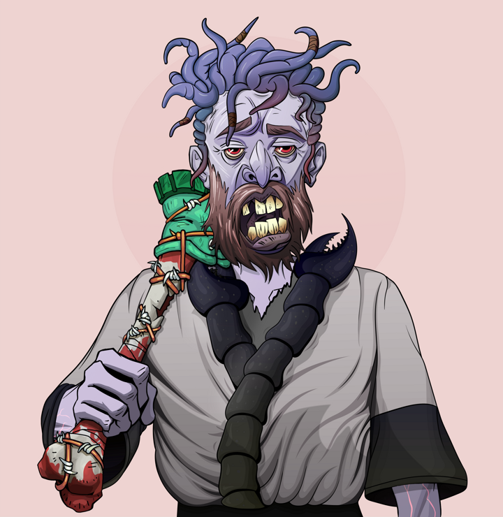 Serious Oleg — Degen Dojo NFT art (Shirtless Runt, Red High Moon, Demons, Katana Kimono, Serious Oleg, Messy, Spiky Femur, Mint)