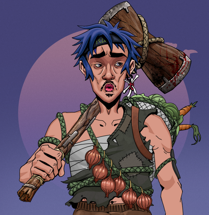 Masumi Steel — Degen Dojo NFT art (Finger Bones, Purple Night, Degens, Farmer, Masumi Steel, Shirtless Runt, Bum Headband Ruffian, Wooden Warhammer, Mint)