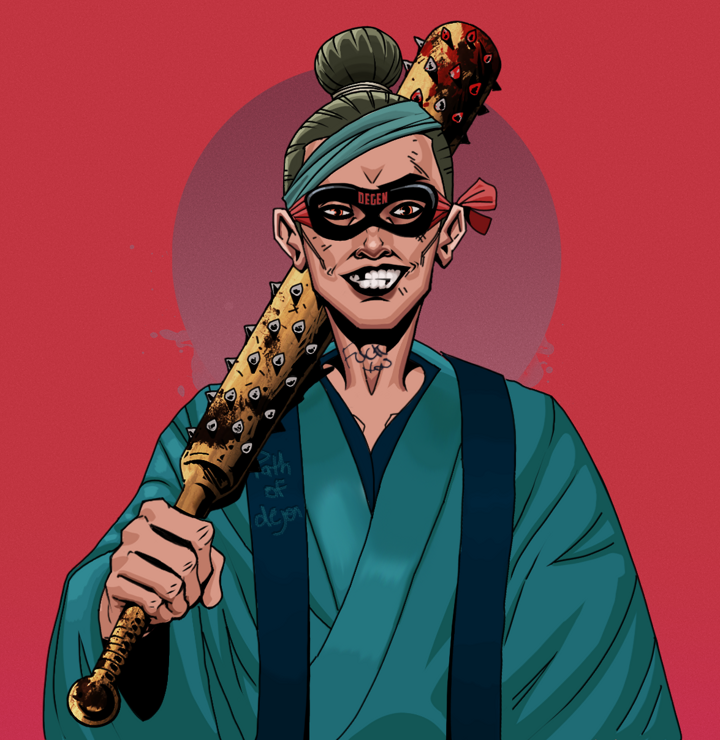 Junichiro — Degen Dojo NFT art (Shirtless Runt, Red High Moon, Degens, Dejen Apostate, Junichiro, Degen Superhero, Hair Bun, Yakuza Club, Mint)