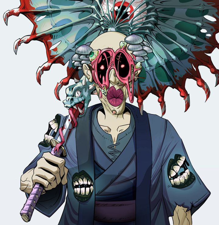 Masumi Steel — Degen Dojo NFT art (Shirtless Runt, Light Grey, Demons, Blue Warrior Kimono, Masumi Steel, Pocket Glasses, Kung Fu Master, Floral Parasol, Mint)