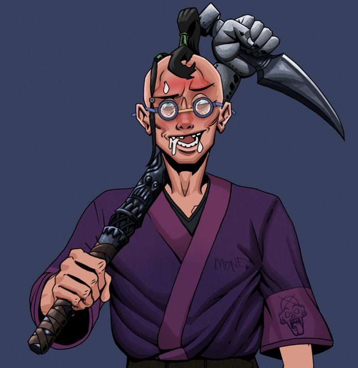 Yuuki — Degen Dojo NFT art (Shirtless Runt, Blue Evening, Degens, Money Kimono, Yuuki, Spectacles, Dejen Samurai, Stone Fist-Sickle, Mint)