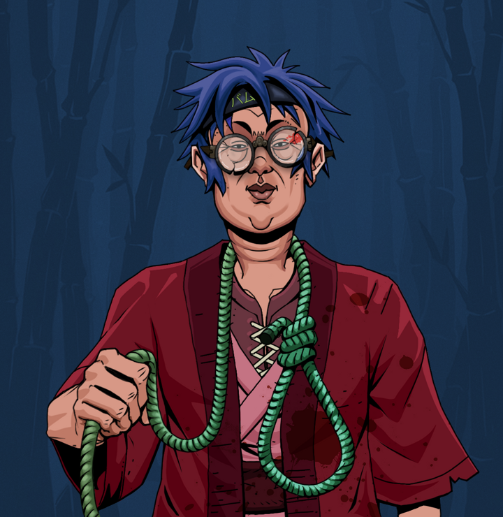 Fat Bob — Degen Dojo NFT art (Shirtless Runt, Night Forest, Degens, Red Warrior Kimono, Fat Bob, Bloodied Glasses, Bum Headband Ruffian, Noose, Mint)