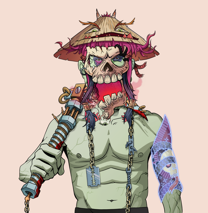 Fatty Bobsticks — Degen Dojo NFT art (Shirtless Runt, Orange Afternoon, Demons, Skull Sleeve, Fatty Bobsticks, Hannya Half Mask, Rice Hat, Rusty Kusarigama, Mint)