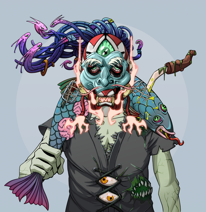 Stresshead Rin — Degen Dojo NFT art (Iron Earrings, Grey Mist, Demons, Black Peasant Sack, Stresshead Rin, Kitsune Mask, Flowing Dreads, Dead Fish, Mint)