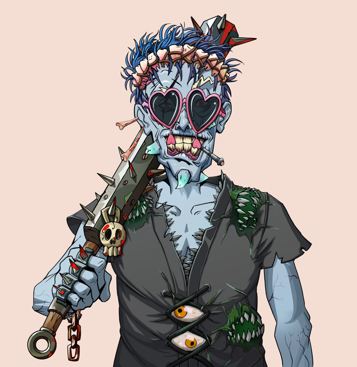 One-Eyed Itsuki — Degen Dojo NFT art (Chicken Bones, Orange Afternoon, Demons, Black Peasant Sack, One-Eyed Itsuki, Loveheart Shades, Bum Headband Ruffian, Yakuza Club, Mint)