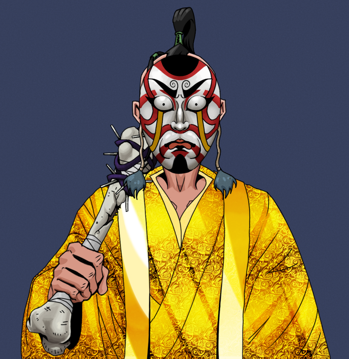 Akuma — Degen Dojo NFT art (Shirtless Runt, Blue Evening, Degens, Golden Monk Robes, Akuma, Kitsune Mask, Dejen Samurai, Spiky Femur, Mint)