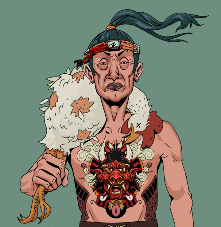Goro — Degen Dojo NFT art (Shirtless Runt, Olive Green, Degens, Red Oni Tattoo, Goro, Green Bandana, Chicken, Mint)
