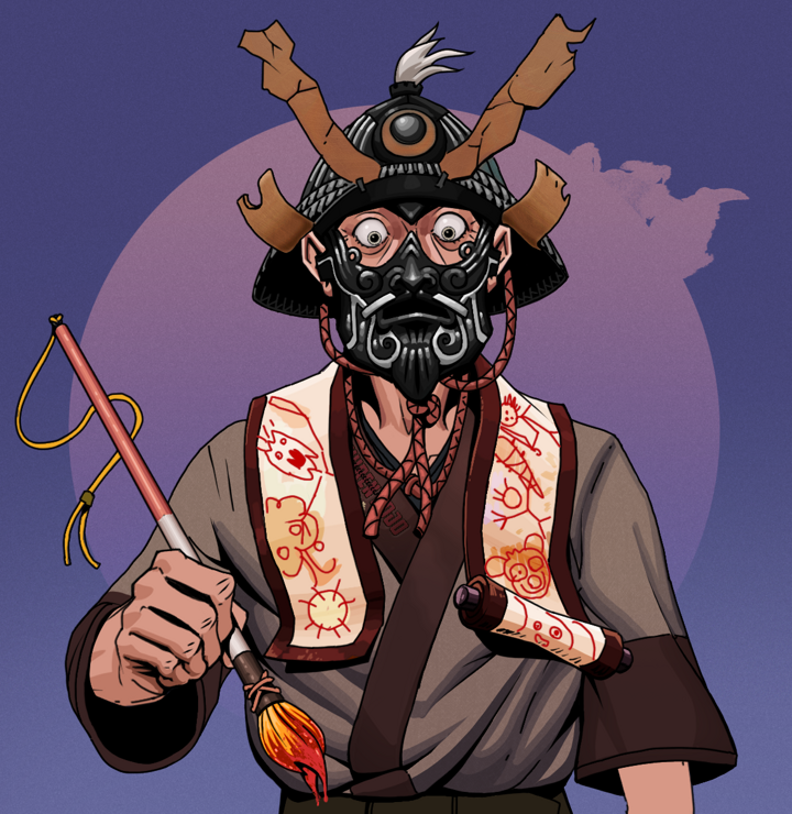 Shitless Botan — Degen Dojo NFT art (Shirtless Runt, Purple Night, Degens, Degen Dojo Kimono, Shitless Botan, Black Iron Kabuto, Paintbrush, Mint)
