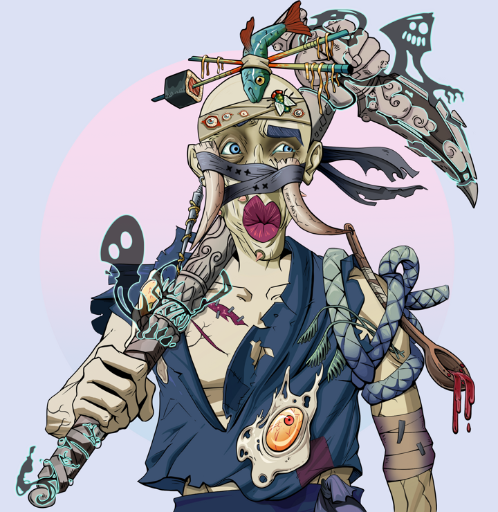 Masumi Steel — Degen Dojo NFT art (Shark Tooth, Purple Night, Demons, Glutton Fight, Masumi Steel, Tied Horns, Hair Bun With Chopsticks, Bronze Fisted Sickle, Mint)