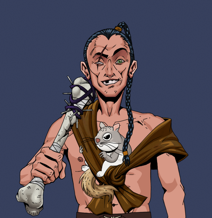 One-Eyed Itsuki — Degen Dojo NFT art (Shirtless Runt, Blue Evening, Degens, Little Momonga Friend, One-Eyed Itsuki, Braided Samurai Ponytail, Spiky Femur, Mint)