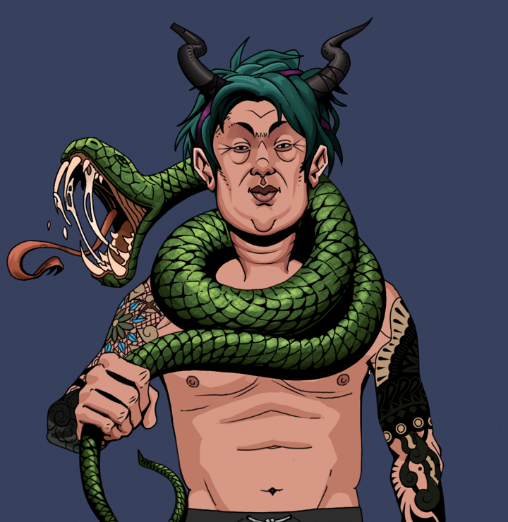 Fat Bob — Degen Dojo NFT art (Shirtless Runt, Blue Evening, Degens, Black Yakuza Sleeves, Fat Bob, Black Oni Horns, Enchanted Snake, Mint)