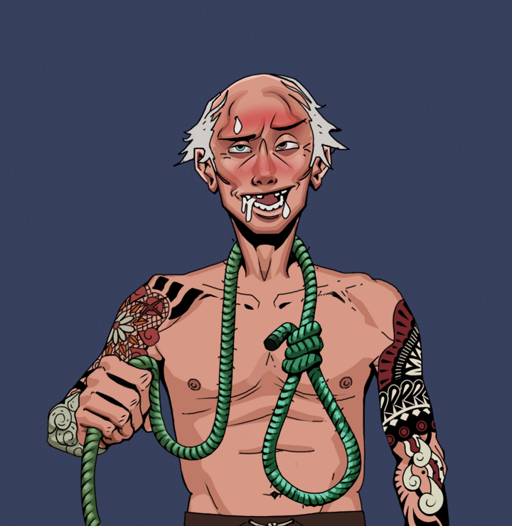 Yuuki — Degen Dojo NFT art (Shirtless Runt, Blue Evening, Degens, Yakuza Tattoo Sleeves, Yuuki, Kung Fu Master, Noose, Mint)