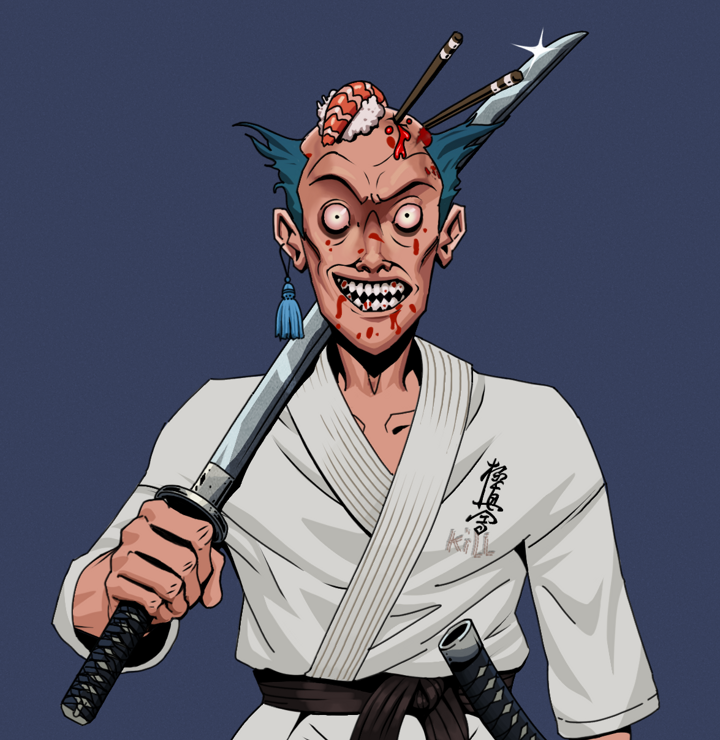 Assassin Fuzen — Degen Dojo NFT art (Tassel, Blue Evening, Degens, Student Gi, Assassin Fuzen, Shirtless Runt, Sushi Fight, Katana, Mint)